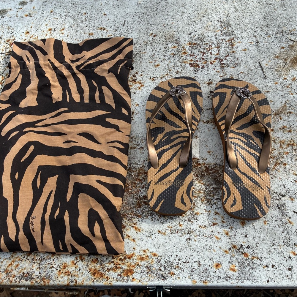 Brighton Brown and Black Zebra Flip Flops With Matching Storage Bag.